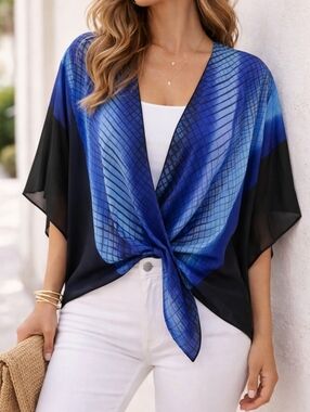 Silk Open Front Kimono Blue Black Abstract Lightweight One Size Hand Dyed